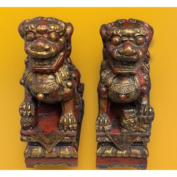Vintage Mid Century Pair Hand Carved Wood Red Gold Gilt Foo Dogs 10"x6"x4" Asian - Picture 2 of 4